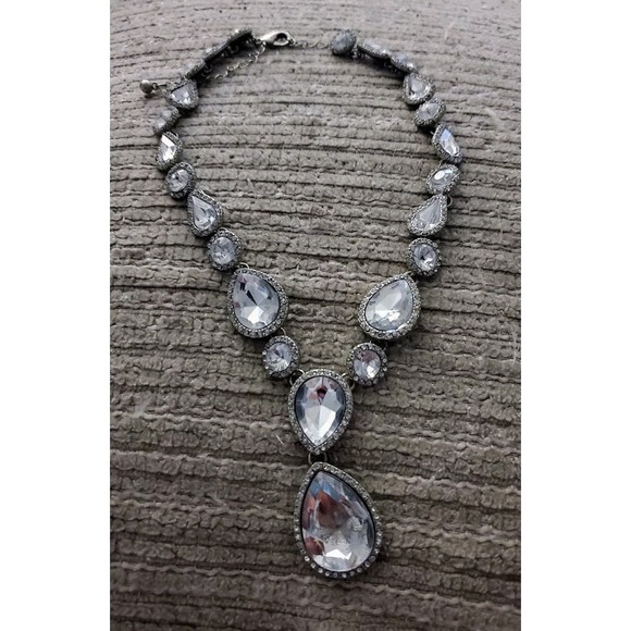 Sparkling Clear Multi Faceted Crystals Choker Bib Bridal Y Drop Necklace - Picture 7 of 8